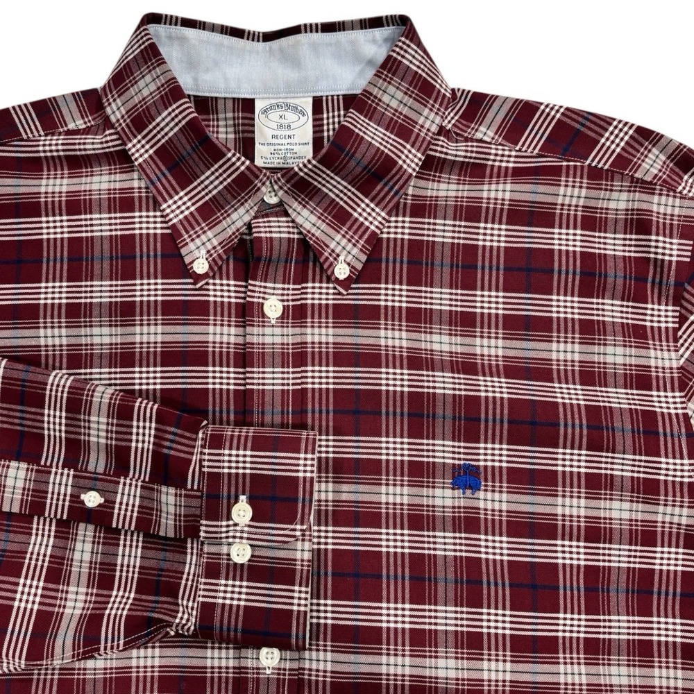 Brooks Brothers Shirt Mens XL Burgundy Plaid Regent Non‎ Iron Stretch Logo READ